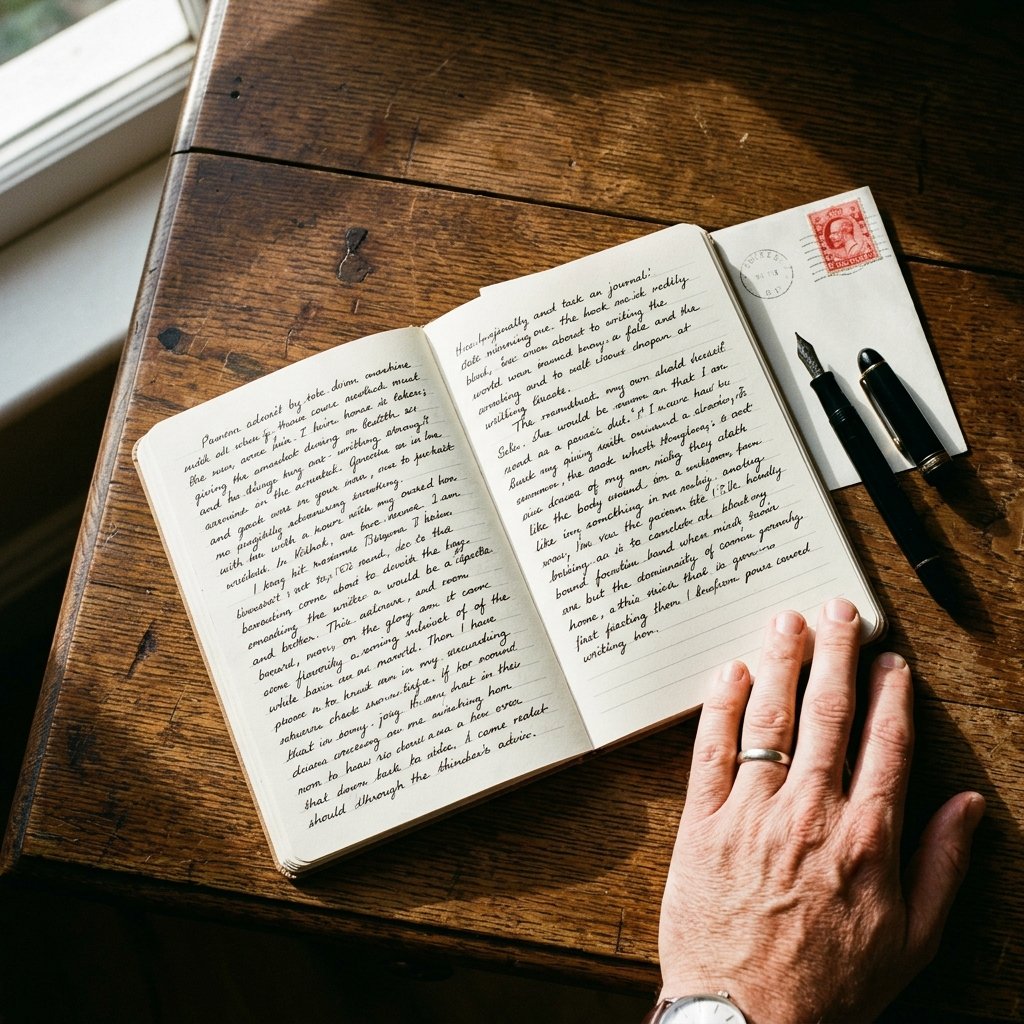 A writing desk with notebooks, a fountain pen, and morning light through a window