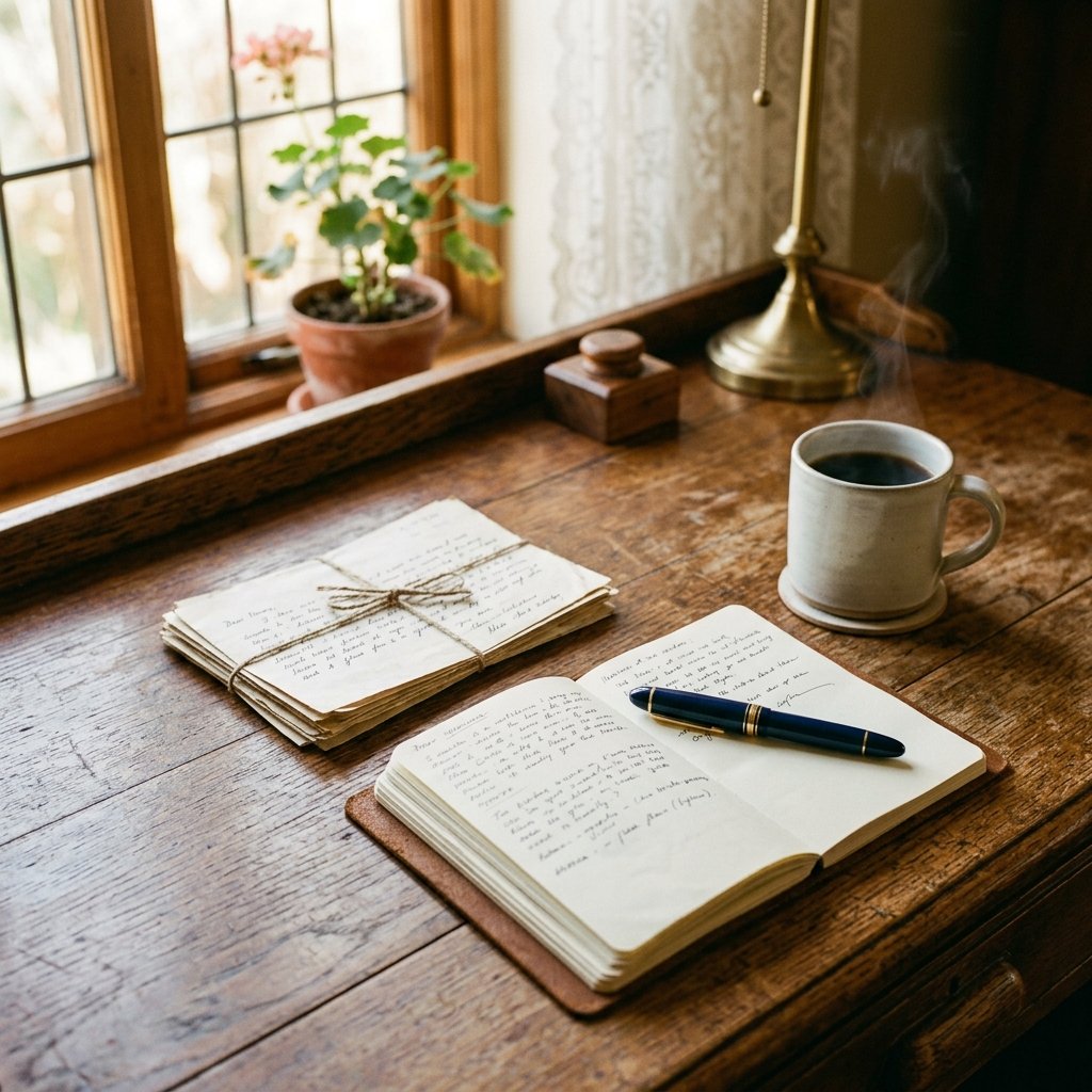 A desk with an open notebook, letters stacked, warm morning light