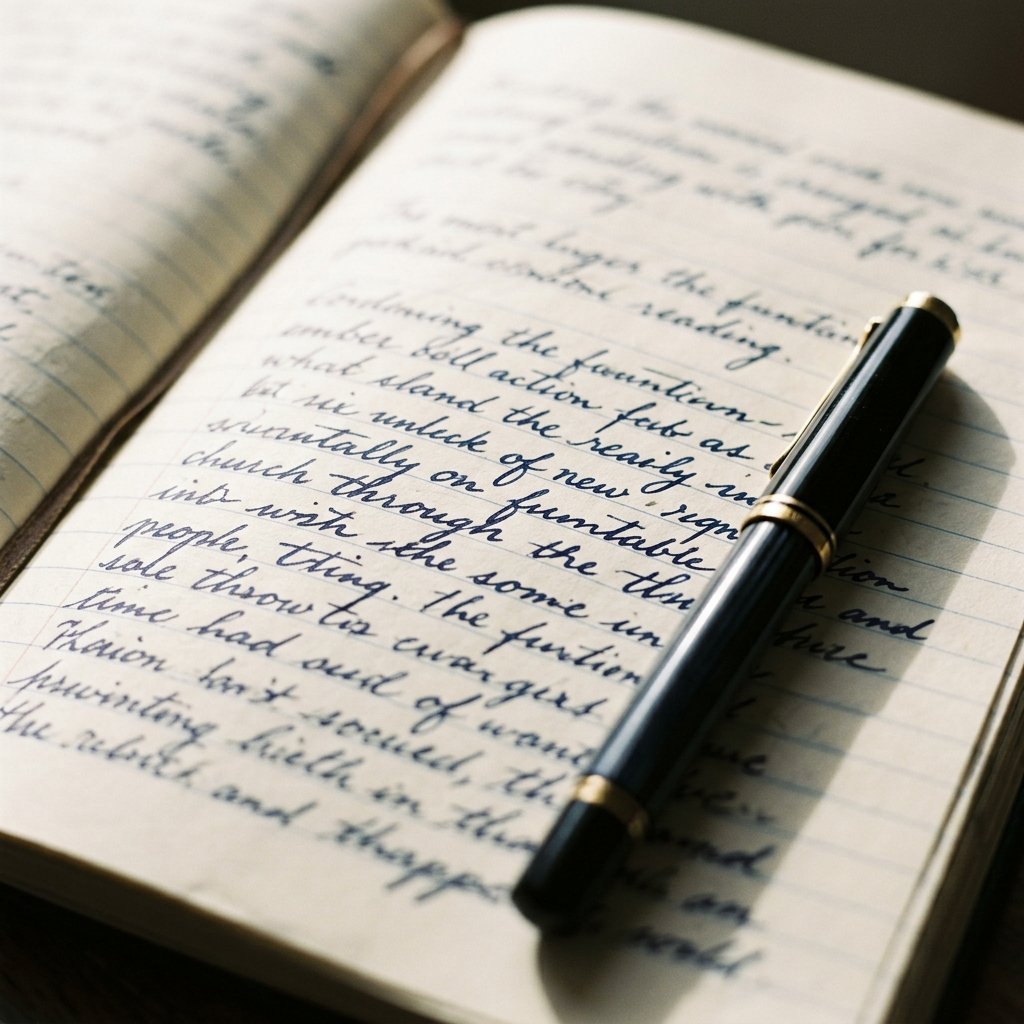 An open journal page with handwritten notes, fountain pen resting on the edge